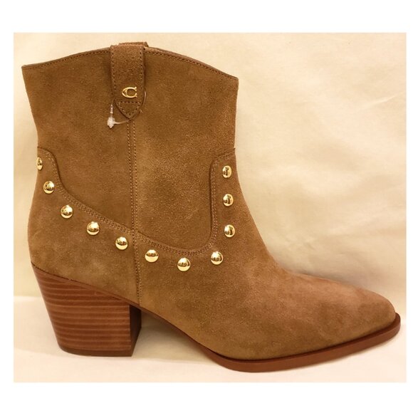Coach Heeled Gold Studded Ankle Booties Size -9.5B Tan Leather/Suede - Picture 3 of 10